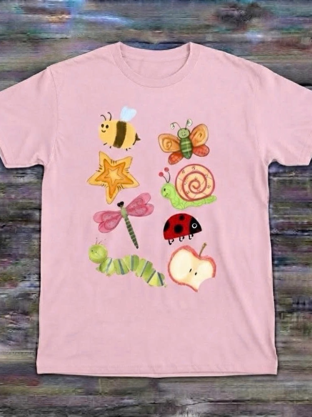 Pink Graphic Tee With Cute Bug And Fruit Motifs